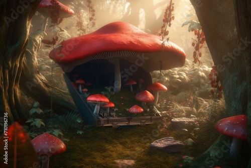 Magical elf dwelling in a trunk surrounded by vibrant red mushrooms - 3D imagination. Generative AI