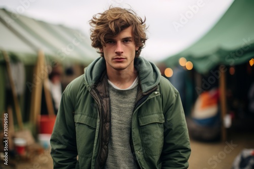 Handsome young man with curly blond hair in a green jacket on a market stall