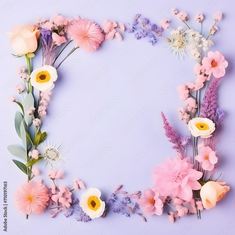 Spring background made with various natural flowers on pastel blue background. Valentines day or 8 March idea. Flat lay, copy space.	