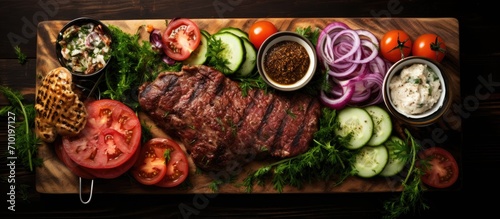 Top-down view of a wooden board with homemade beef burgers, bacon, onion, tomato, lettuce, and marinated cucumber.