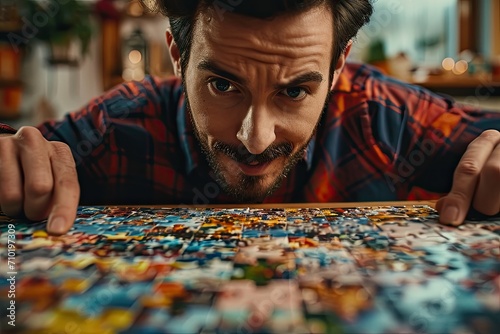 A bearded man sits in deep contemplation as he studies the intricate pieces of a jigsaw puzzle, his human face reflecting determination and curiosity in the cozy indoor setting
