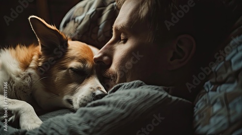 A loyal companion rests by his owner s side  the warmth of their bond radiating in the cozy indoor setting
