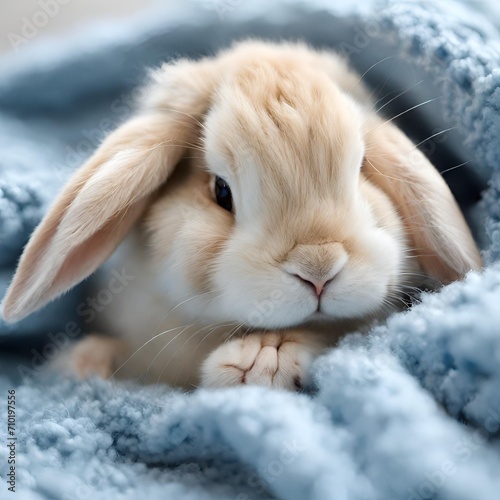 Cute Animals / Pets - tan soft bunny in blue baby blanket