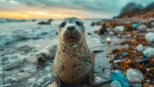 Seals on a trash-filled beach, marine pollution © akarawit