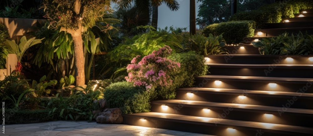Concrete stairs in backyard garden with shrubs, lights. Concrete stairs in backyard garden with shrubs, lights.
