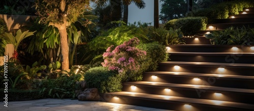 Concrete stairs in backyard garden with shrubs, lights.