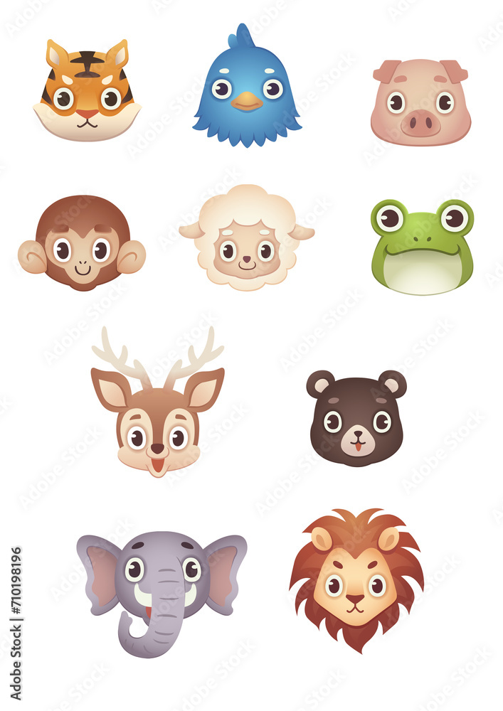 Cute baby safari animal faces vector illustration. The set includes a tiger, bird, pig, monkey, sheep, frog, deer, bear, elephant, and lion. Cute baby safari animal faces vector illustration. The set includes a tiger, bird, pig, monkey, sheep, frog, deer, bear, elephant, and lion.