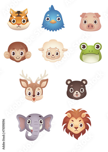 Cute baby safari animal faces vector illustration. The set includes a tiger, bird, pig, monkey, sheep, frog, deer, bear, elephant, and lion.