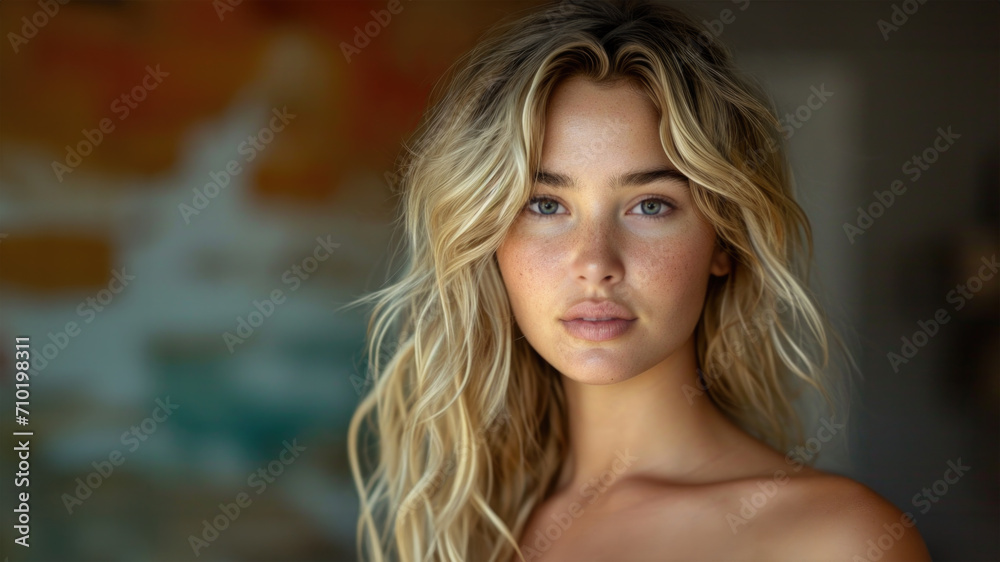 Fashion portrait of a female model with long blond hair and a healthy complexion. Skin care and cosmetics. Fashion portrait of a female model with long blond hair and a healthy complexion. Skin care and cosmetics.
