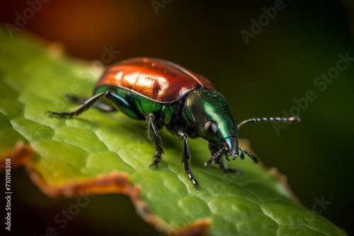 A beetle perched on a vibrant leaf. Generative AI © Ava