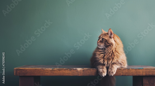 A Maine Coon cat sitting on a wooden table. Room for copy.