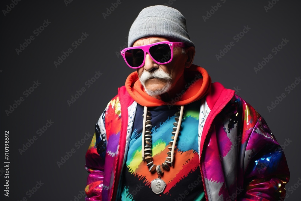 Cool senior hipster man with long gray beard and mustache wearing colorful clothes. Studio shot over dark grey background. Cool senior hipster man with long gray beard and mustache wearing colorful clothes. Studio shot over dark grey background.