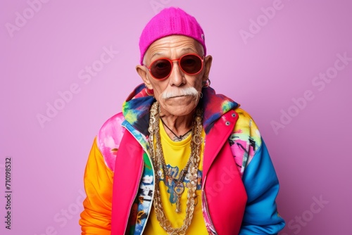 Portrait of an old man with sunglasses and a colorful jacket on a purple background