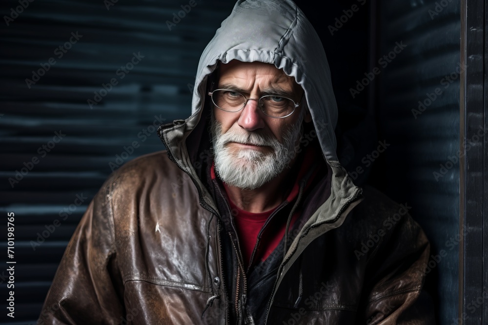 Portrait of an old man with a gray beard in a leather jacket. Portrait of an old man with a gray beard in a leather jacket.