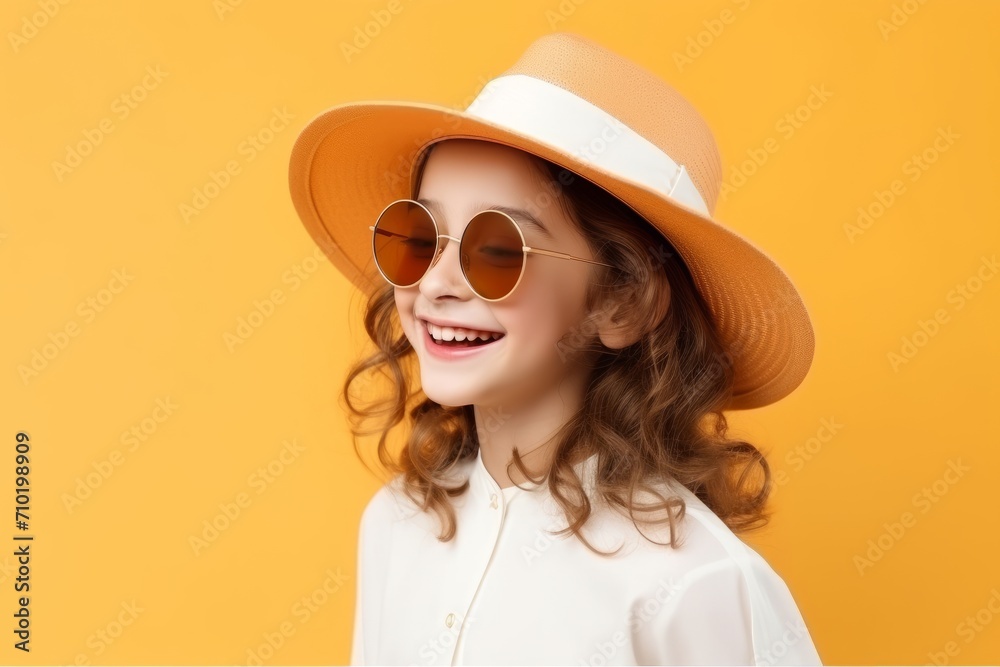 portrait of beautiful smiling girl in hat and sunglasses over yellow background portrait of beautiful smiling girl in hat and sunglasses over yellow background