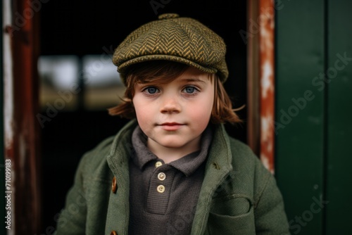 Portrait of a little boy in a green coat and hat. © Iigo