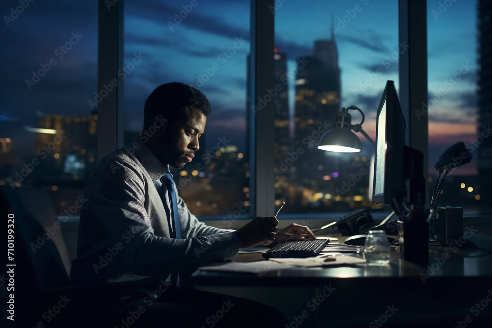 Businessman working late at night at his office desk in the city Businessman working late at night at his office desk in the city