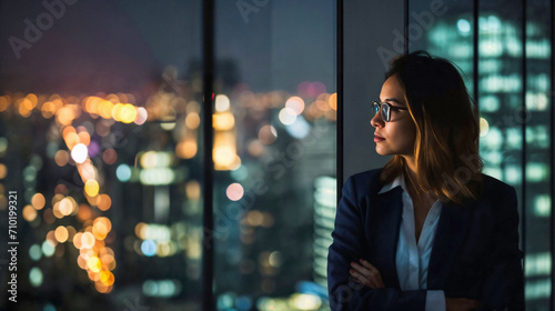Businesswoman looking out an office window at night photo