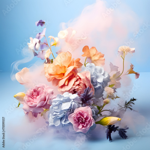 Creative concept of fresh spring flowers surrounded by smoke. Beautiful bouquet of flowers. 