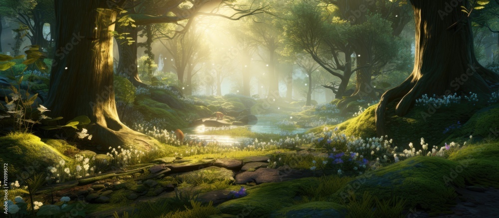 Magical forest with sunlight filtering through trees, perfect for fairy tales, nature retreats, or meditation visuals.