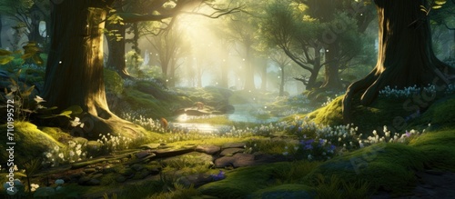 Magical forest with sunlight filtering through trees  perfect for fairy tales  nature retreats  or meditation visuals.