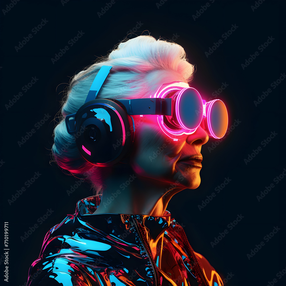 Cyber ​​futuristic modern grandmother with VR glasses. Virtual reality, pop art, contemporary design. Technology concept.