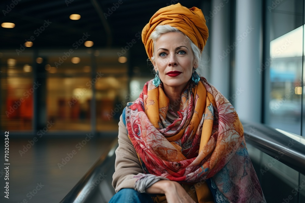 Portrait of beautiful mature woman with turban in the shopping center