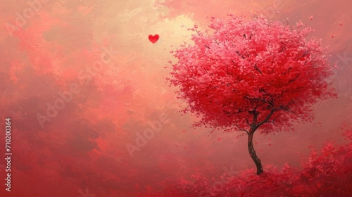 a tree in a field with pink leaves and a red heart floating in the sky, copy space, whimsical valentines day   © Barbara Taylor