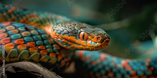 Close-Up Image of Colorful Snake Perched on a Branch