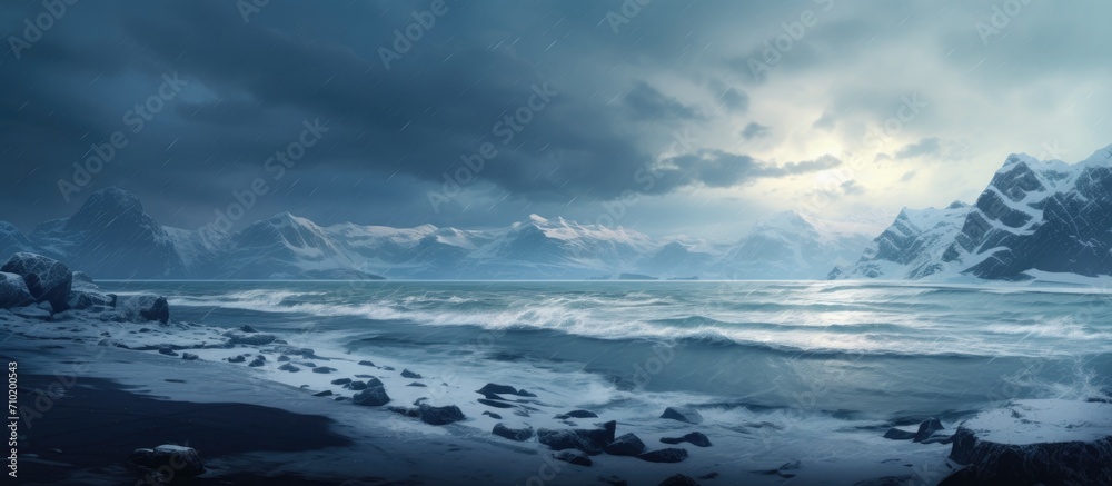 Stunning nordic beach with icy waves and beautiful scenery, featuring a fantastic landscape with freezing tides.