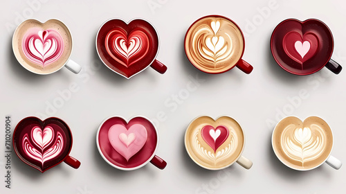 Heart shaped ceramic latte filled cups with art foam set isolated on a neutral background