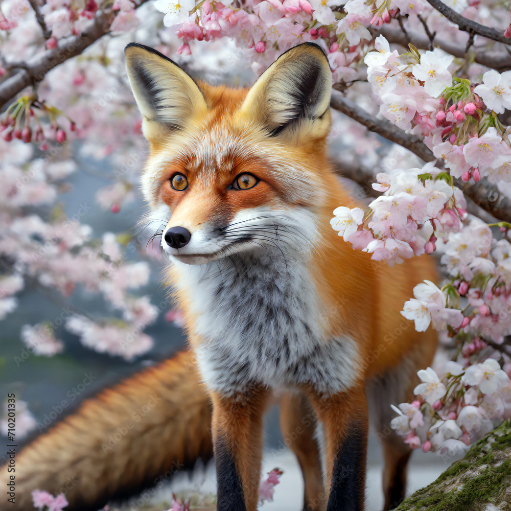 Fototapeta premium 満開の桜とキツネ