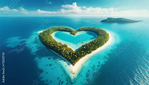 Top wiev exotic island in the shape of a heart. Travel concept