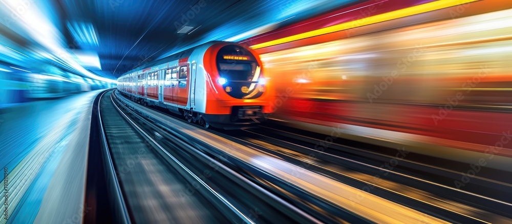 Motion blur of train speeding outdoors in subway.