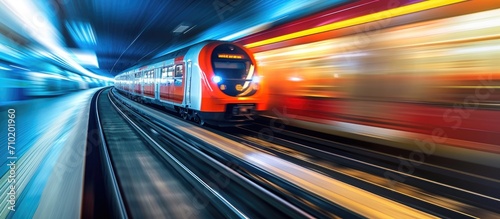 Motion blur of train speeding outdoors in subway.