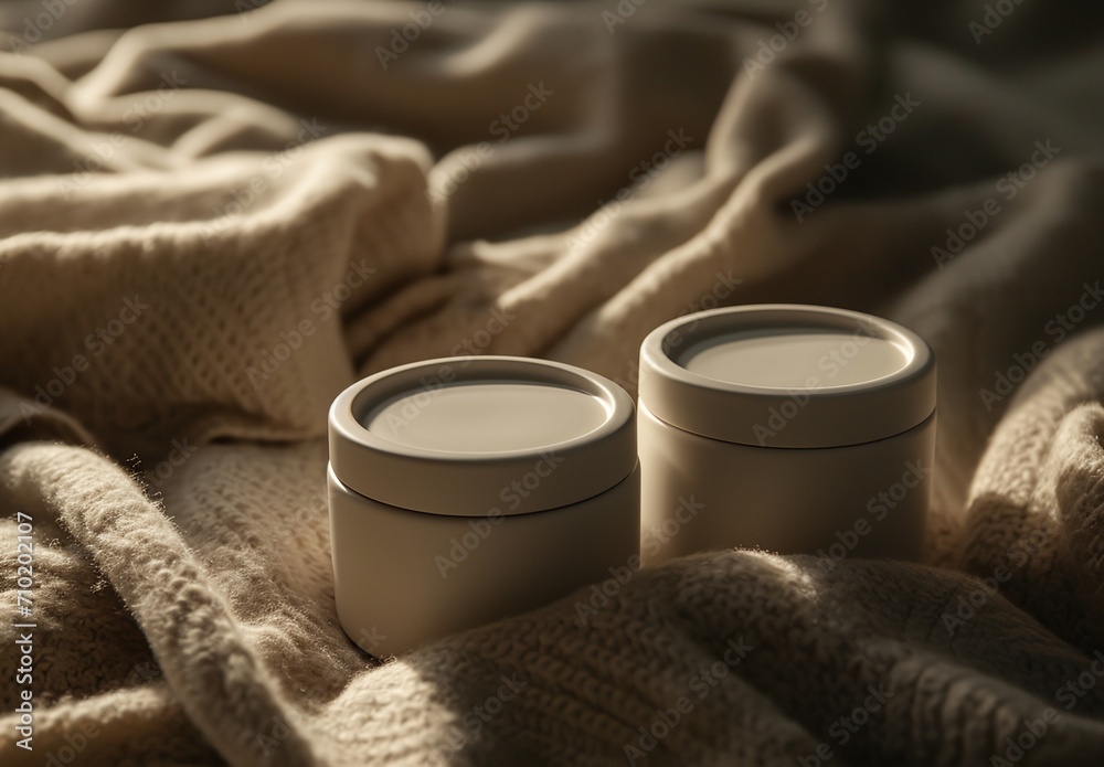 two white cups sitting on top of a blanket two white cups sitting on top of a blanket