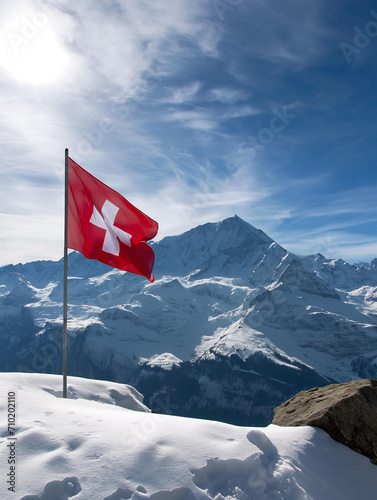 Die Schweizer Flagge auf dem Gipfel eines Berges in den Schweizer Alpen mit einem herrlichen Panorama im Hintergrund