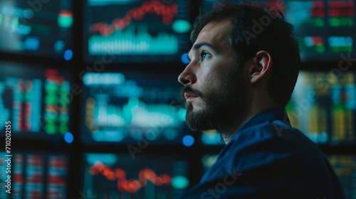 a man looking at a screen with data