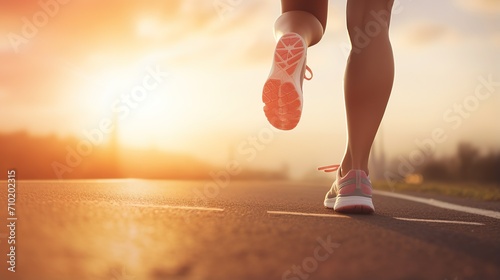 portrait of runner's footsteps running, sports training. Runner's feet running on the road closeup with shoes. Fitness, sport, lifestyle concept Young runner athlete running on the road