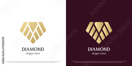 Diamond jewelry logo design illustration. Silhouette object beauty fashion diamond gem lifestyle wealth. Golden shop icon symbol flat simple luxury majestic glamour elegant gradient geometric exotic.