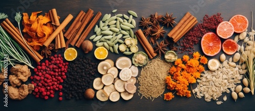 Natural and Chinese herbal remedies that treat irritable bowel syndrome, rich in antioxidants, protein, fiber, vitamins, minerals, carbs, and anthocyanins. Flat lay. photo