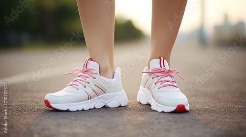 young sport wearing shoes outdoors. Sneakers on woman's feet close up, training in stadium at sunrise