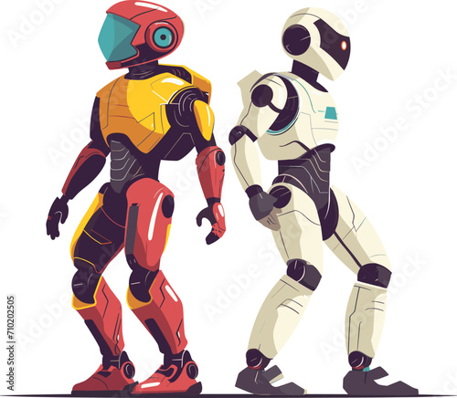 Fototapeta Naklejka Na Ścianę i Meble -  Two futuristic robots, one red and yellow another white, standing side by side, modern ai concept. Artificial Intelligence and technology vector illustration.