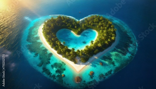 Top wiev exotic island in the shape of a heart. Travel concept