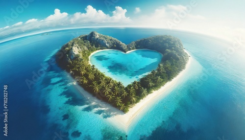 Top wiev exotic island in the shape of a heart. Travel concept 