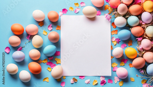 Easter Monday celebration. Colorful eggs surrounding a blank sheet on a light blue background. photo