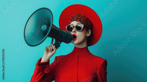 Stylish lady in red attire and sunglasses speaks into a megaphone against a teal background