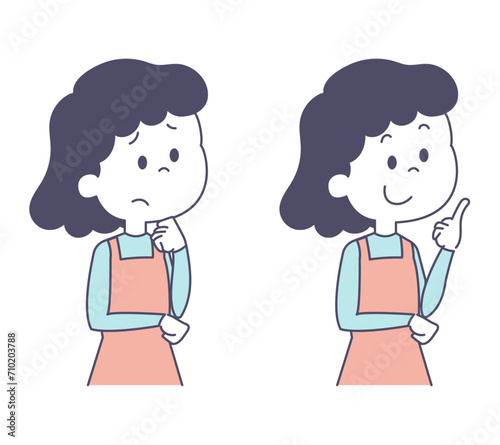 困る　ひらめく　エプロン姿の女性
