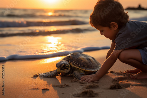 boy watching a sea turtle photo