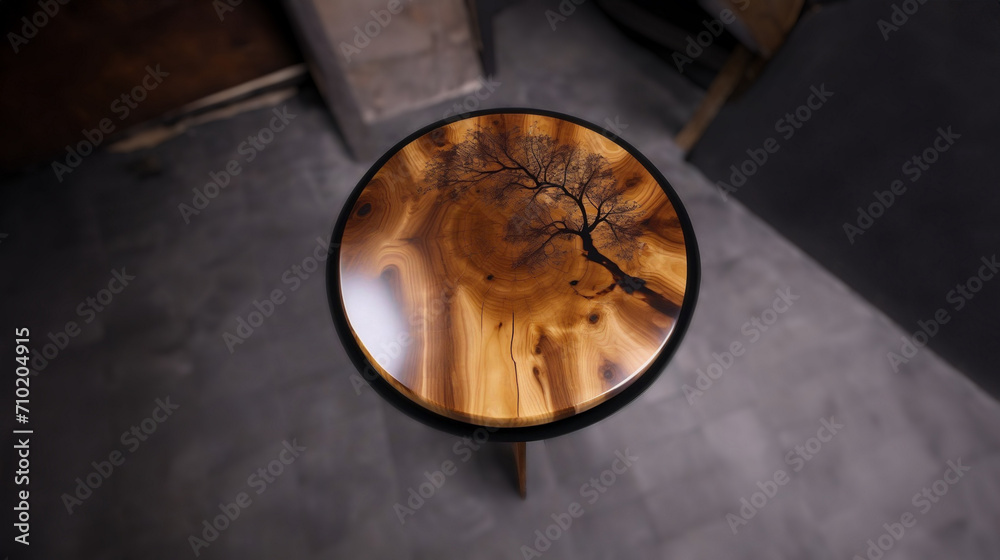 round table made of solid oak with epoxy resin and varnish. Elite furniture in luxury apartments
